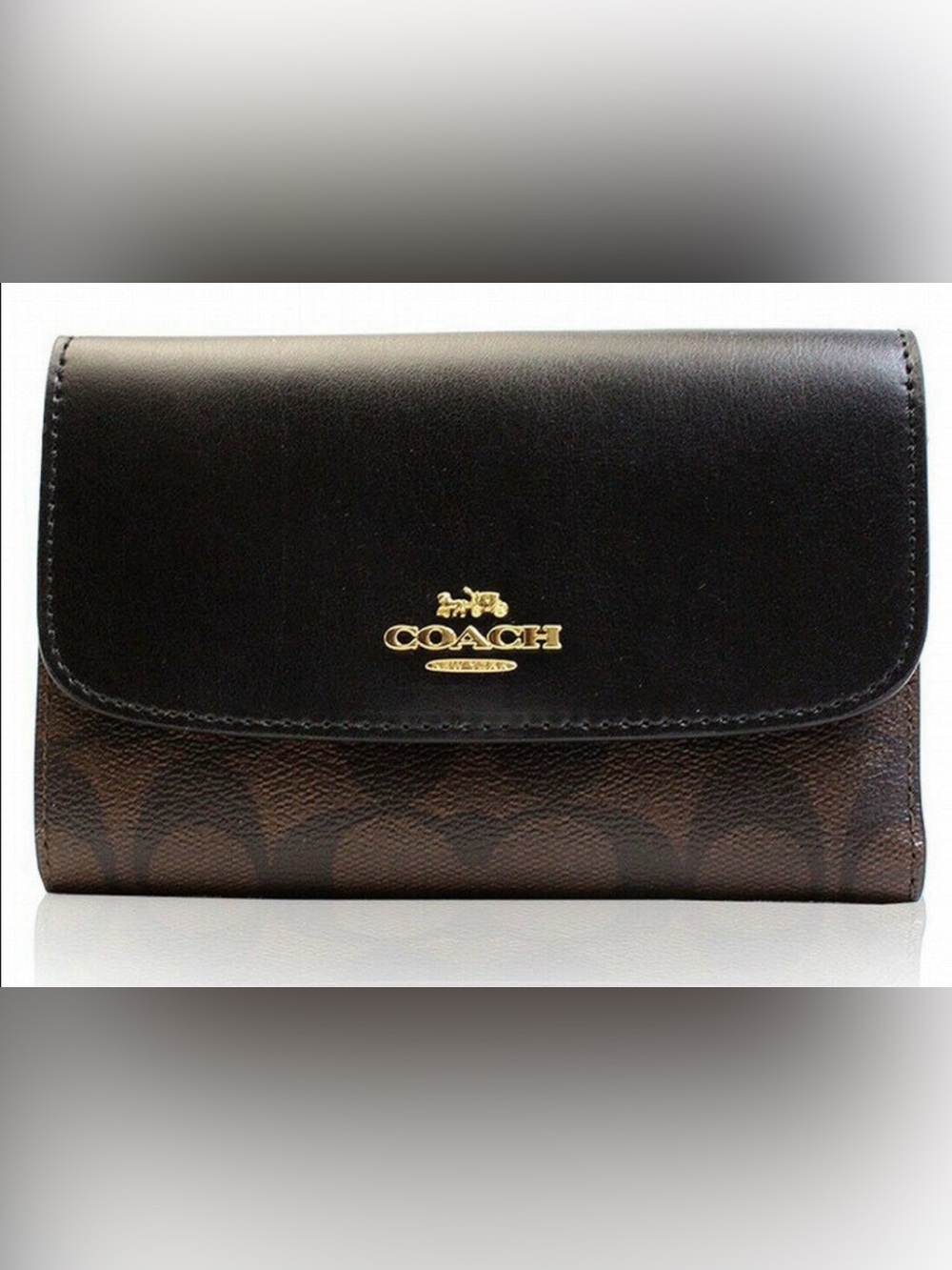 Coach Signature Med Wallet Black Leather Flap Brown CC Logo Gold Stagecoach